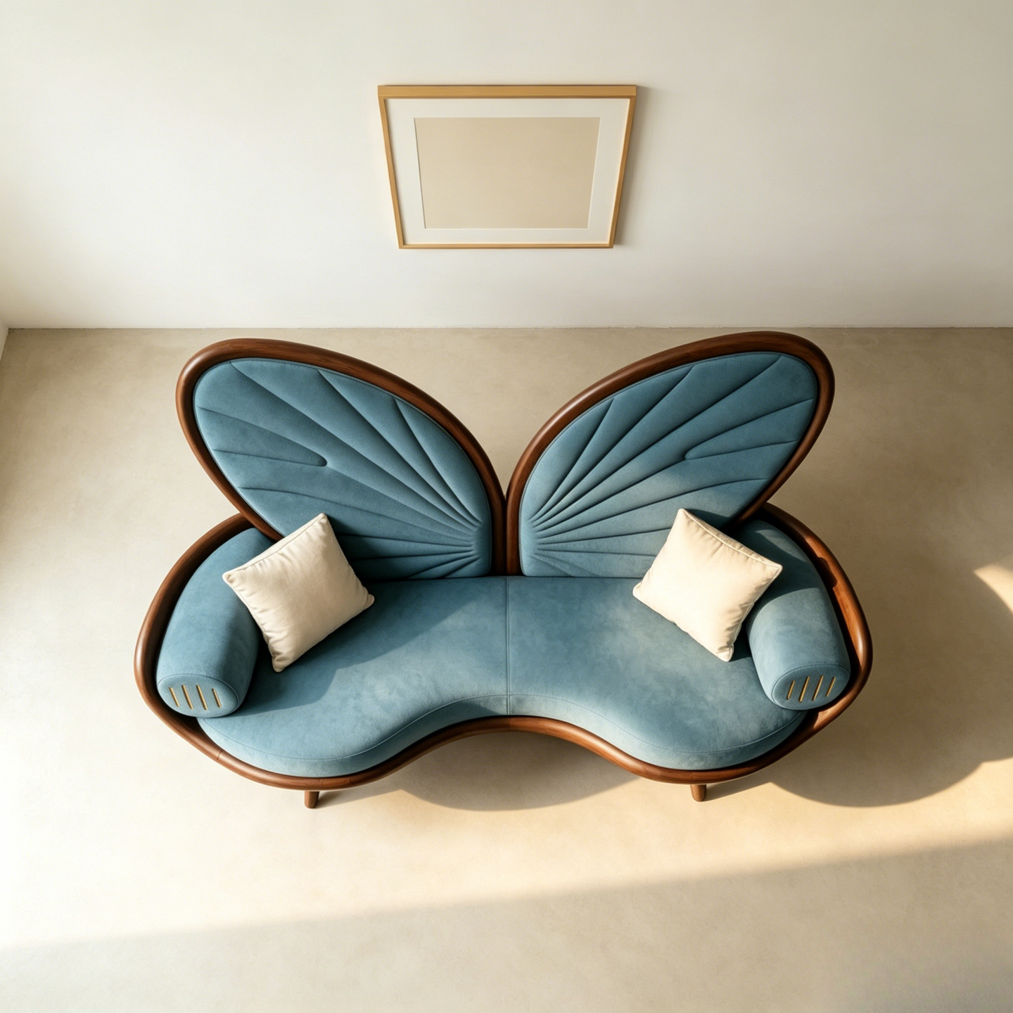 Blue Butterfly Back Ash Wood Loveseat with Accent Pillows