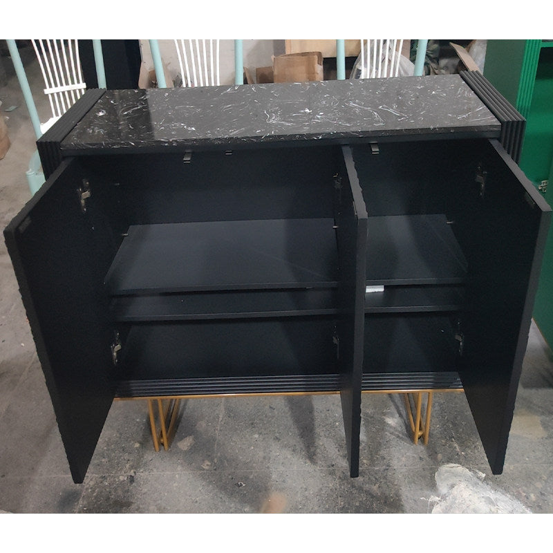 Black Carved Sideboard Cabinet, 3-Door Accent Credenza with Raised Floral Panels and Gold-Tone Legs, Decorative Entryway Storage Cabinet for Living Room, Foyer or Dining Room