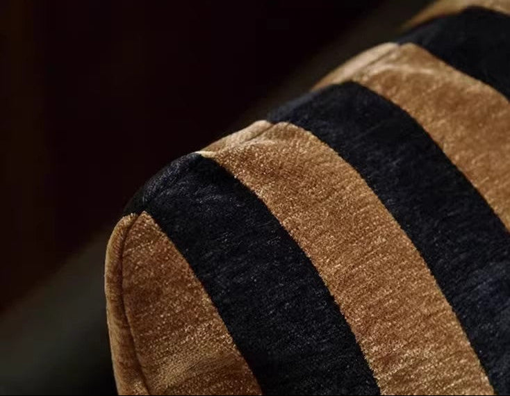 Brown Striped Loveseat with Cushions and Black Faux Leather Frame