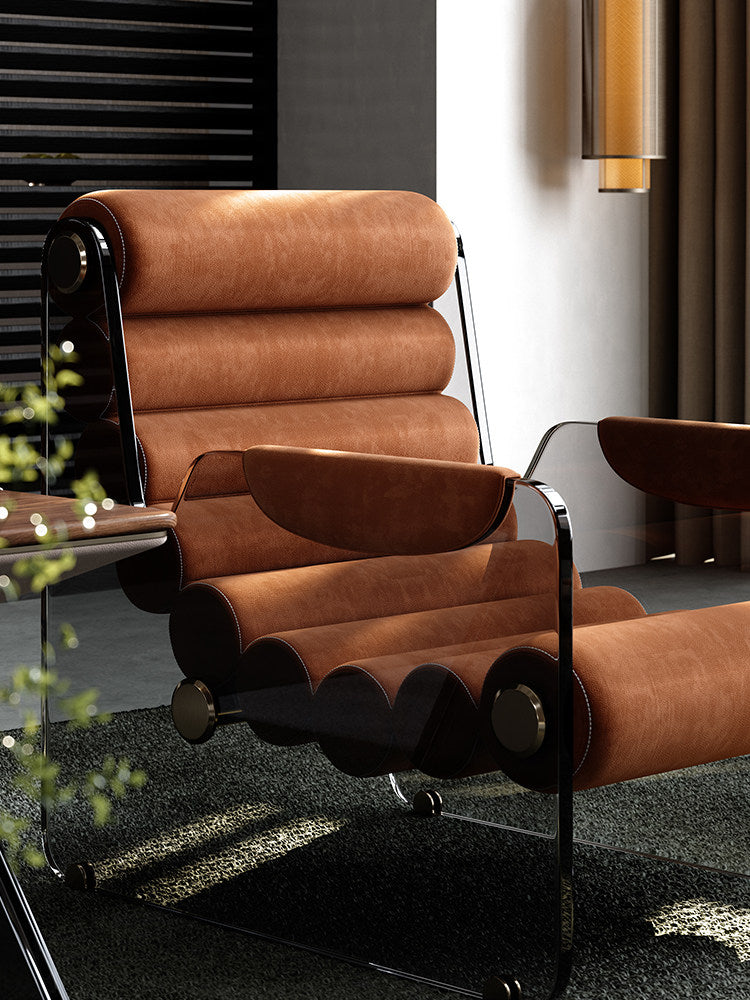 Modern Leather Lounge Chair, Floating Style Single Sofa Chair with Brown Full Grain Leather Cushions and Smoked Acrylic Side Panels, Luxury Accent Recliner Chair for Living Room, Bedroom, Office, Villa and Reading Corner
