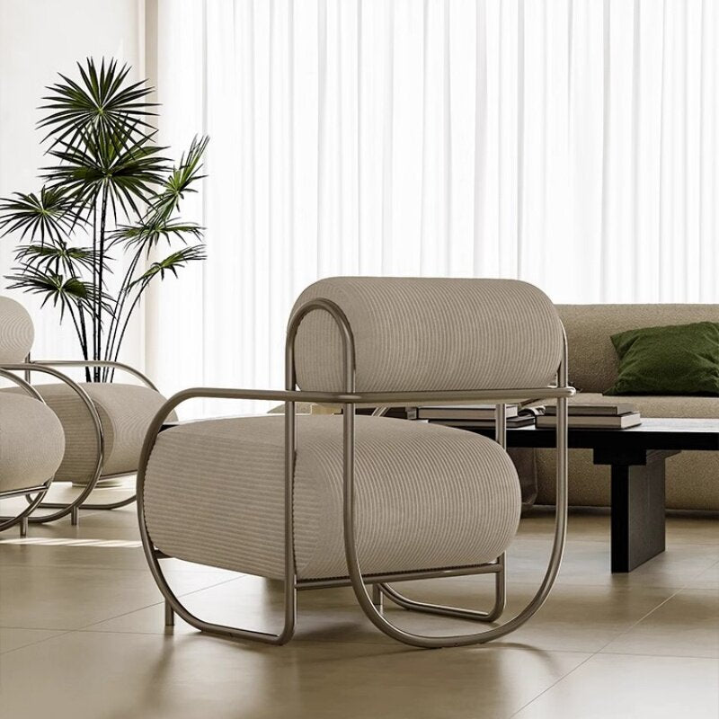 Wide Ivory Corduroy Accent Chair, Upholstered Single Sofa Armchair with Curved Polished Metal Frame, Retro Modern Lounge Chair for Living Room, Bedroom, Reading Nook and Apartment