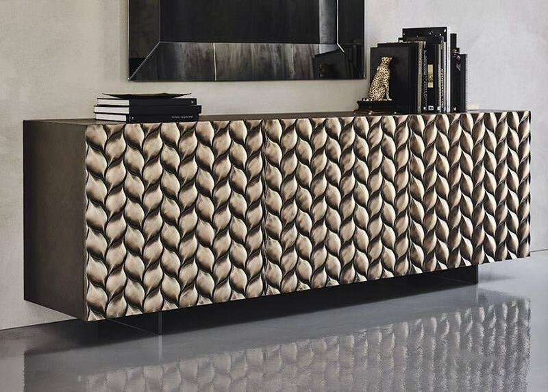Textured Sideboard Buffet Cabinet, Modern Black and Gold 2 Door Storage Credenza with Raised Leaf Pattern Front for Dining Room, Living Room, Entryway and TV Stand Use