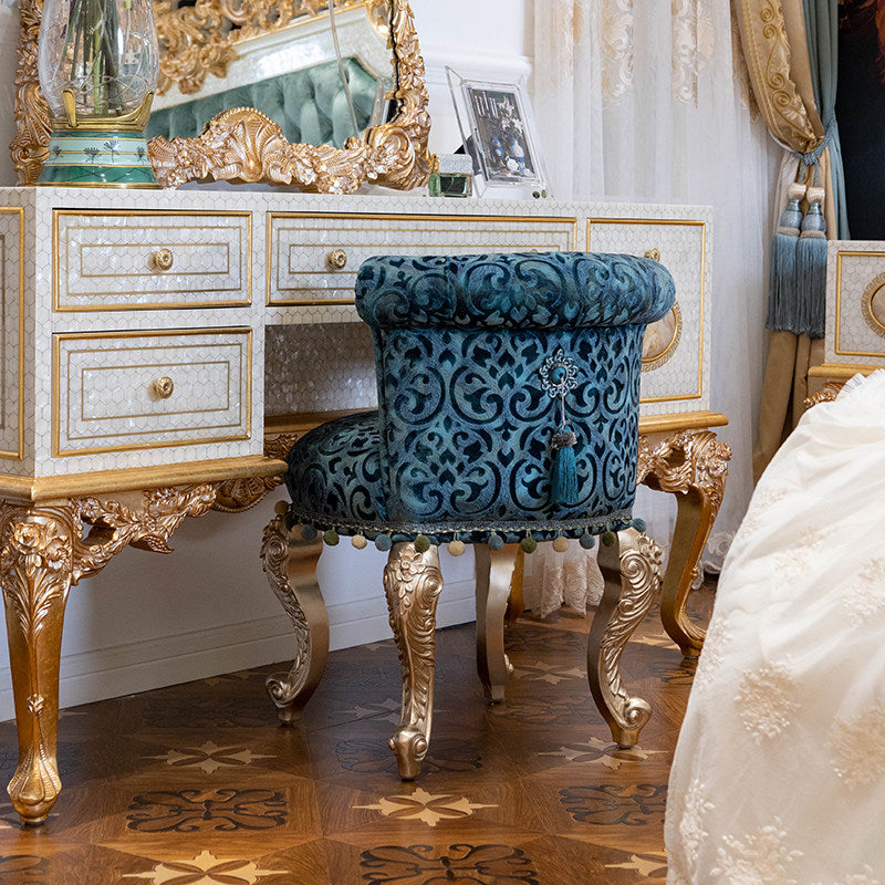 Blue Patterned Vanity Stool with Backrest, Upholstered Makeup Chair with Gold Tone Carved Legs, Decorative Bedroom Stool for Dressing Table, Living Room, Entryway, Closet, Lounge and Accent Seating