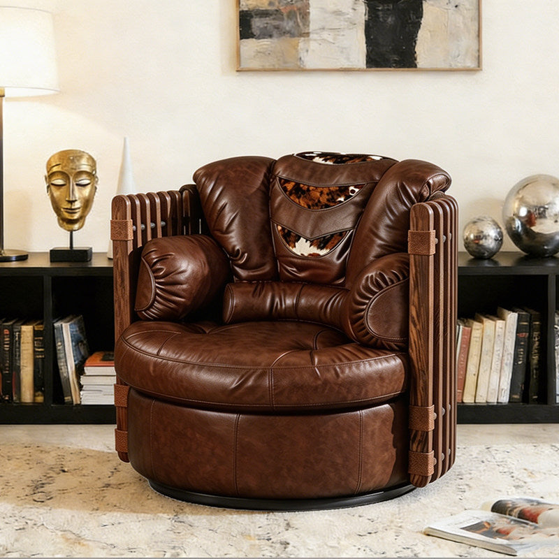 Brown Leather Swivel Barrel Chair with Wood Slat Frame and Cushions