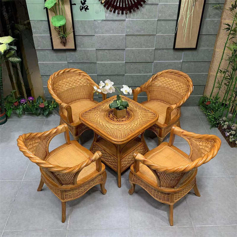 Natural Rattan Armchair with Woven Cane Seat and Curved Back