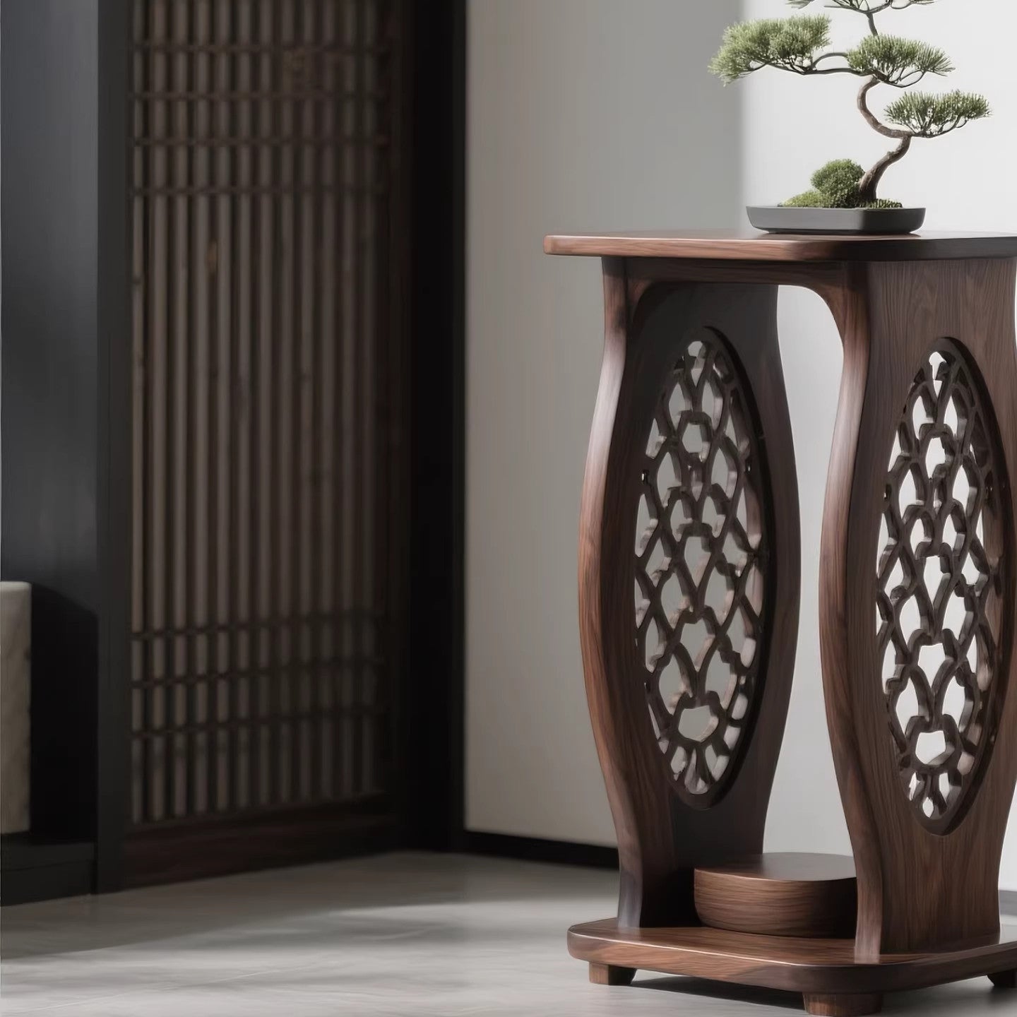 Solid Black Walnut End Table, Round Accent Side Table with Openwork Carved Base, Modern Wooden Sofa Side Table for Living Room, Bedroom, Reading Nook & Small Spaces