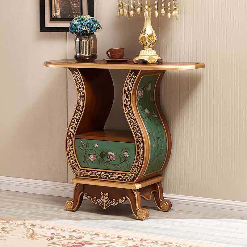 Solid Wood Console Cabinet with Drawer, Green Floral Accent Table
