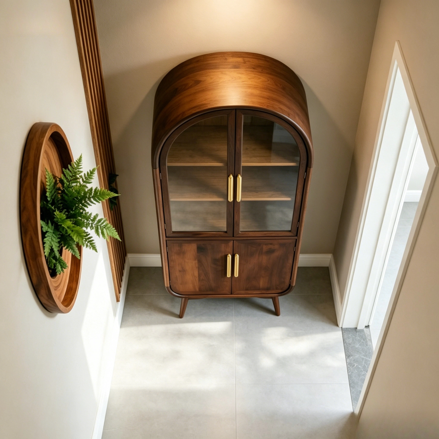 Ash Wood Arched Liquor Cabinet with Glass Doors and Storage Shelves