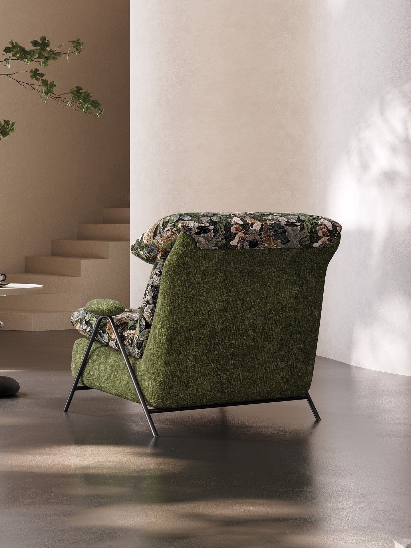 Green Floral Jacquard Lounge Chair, Wide Cushioned Accent Chair with Metal Frame, Modern Single Sofa Chair for Living Room, Bedroom, Reading Corner, Balcony, Hotel, Cafe, and Office