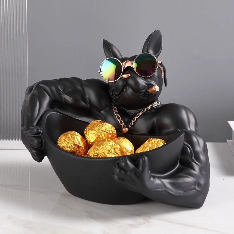 Matte Black Resin Muscular Bulldog Catchall Bowl, Large Dog Key Holder Tray with Detachable Rainbow Sunglasses and Gold Accents for Entryway, Shoe Cabinet, Console Table and Office Desk