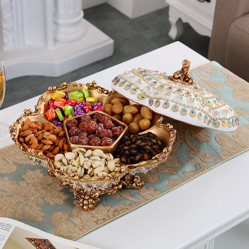 Luxury Covered Divided Candy Dish, Rotating 6-Section Dry Fruit Tray with Lid, Decorative Footed Snack Serving Bowl for Coffee Table, Living Room, Tea Table, Nuts, Candy, Cookies, Dried Fruit