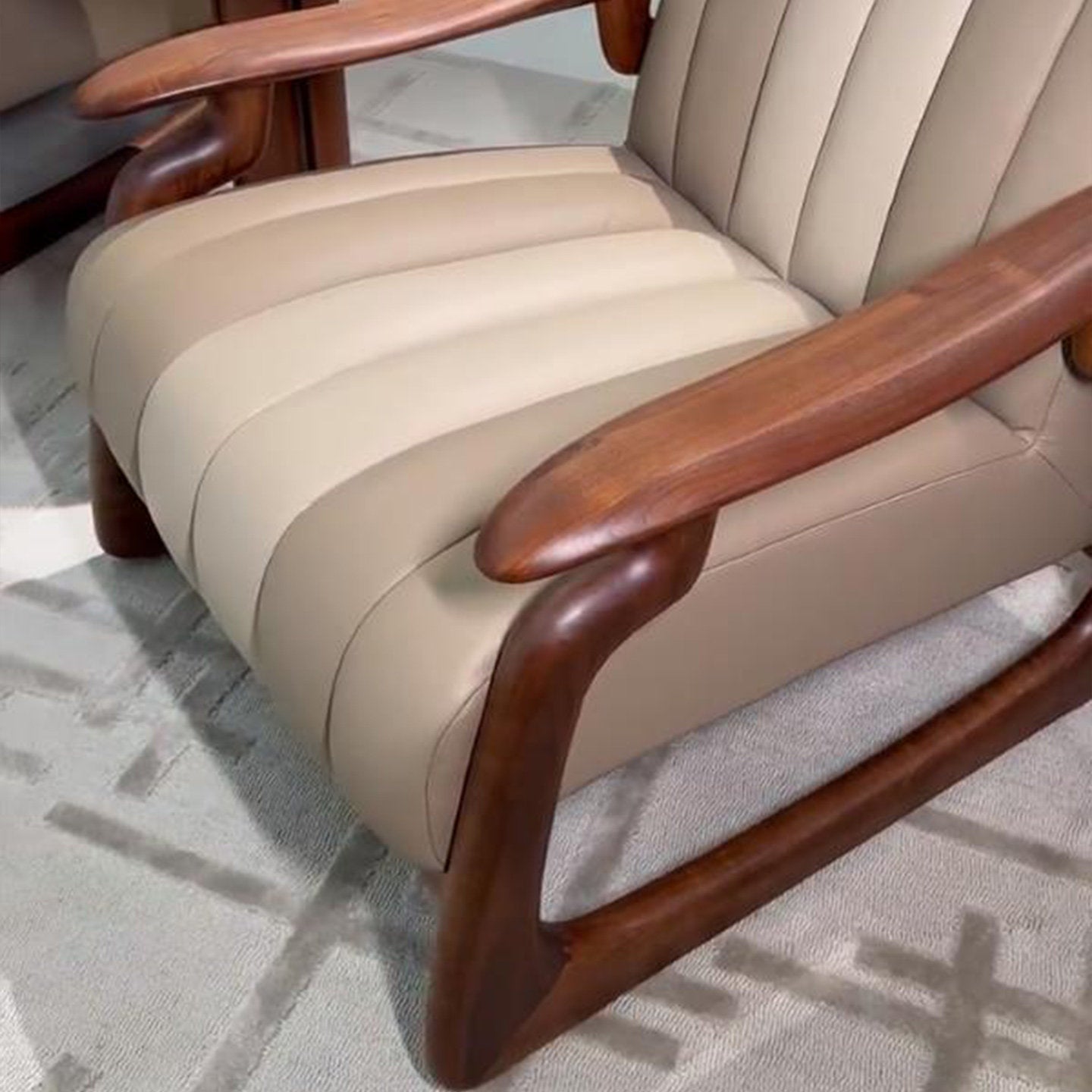 Beige Upholstered Accent Chair with Black Walnut Wood Frame