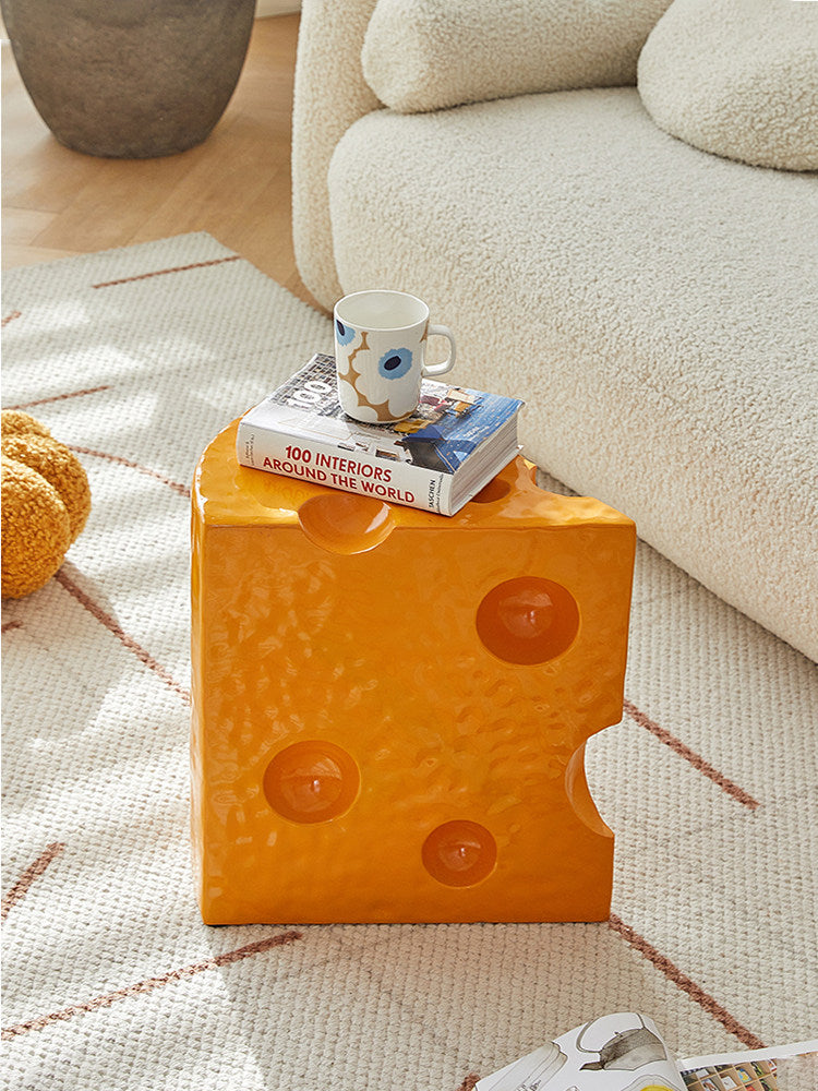 Yellow Cheese Shaped Resin Side Table, Novelty Accent Table, Small Sofa End Table, Creative Snack Table, Decorative Stool for Living Room, Bedroom, Entryway, Patio Decor