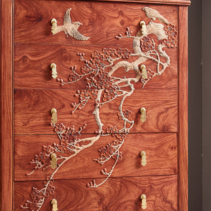 Tall Reddish Brown Solid Wood 5-Drawer Chest, Carved Floral and Bird Storage Dresser with Brass-Tone Pulls, Chinese-Inspired Accent Cabinet for Bedroom, Living Room, Entryway and Dining Room
