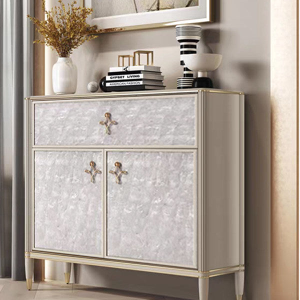 Modern 2-Door Accent Cabinet with Drawer, 35.4-Inch Pearl-Effect Storage Sideboard with Champagne Gold Frame and Tapered Legs, Decorative Entryway Cabinet for Foyer, Living Room or Dining Room
