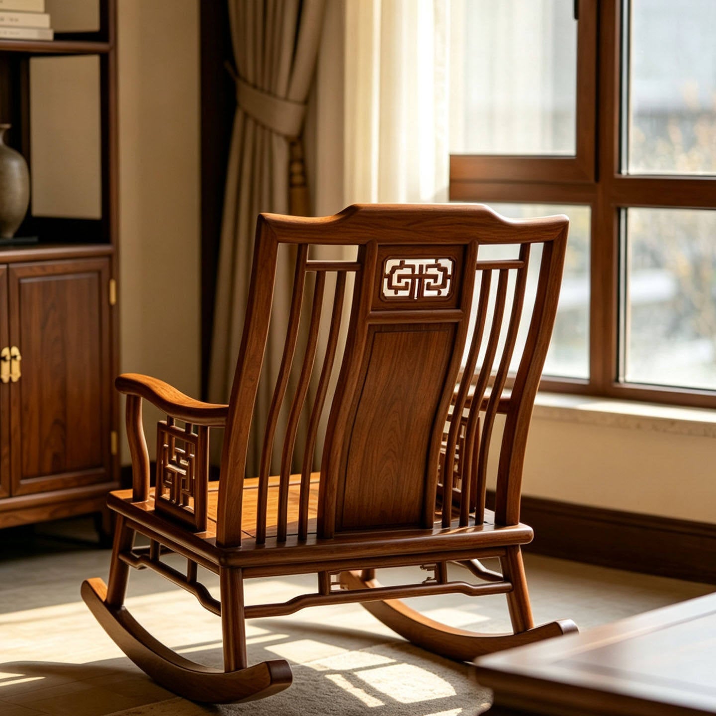 Solid Ash Wood Rocking Chair with Cushions, Walnut Finish