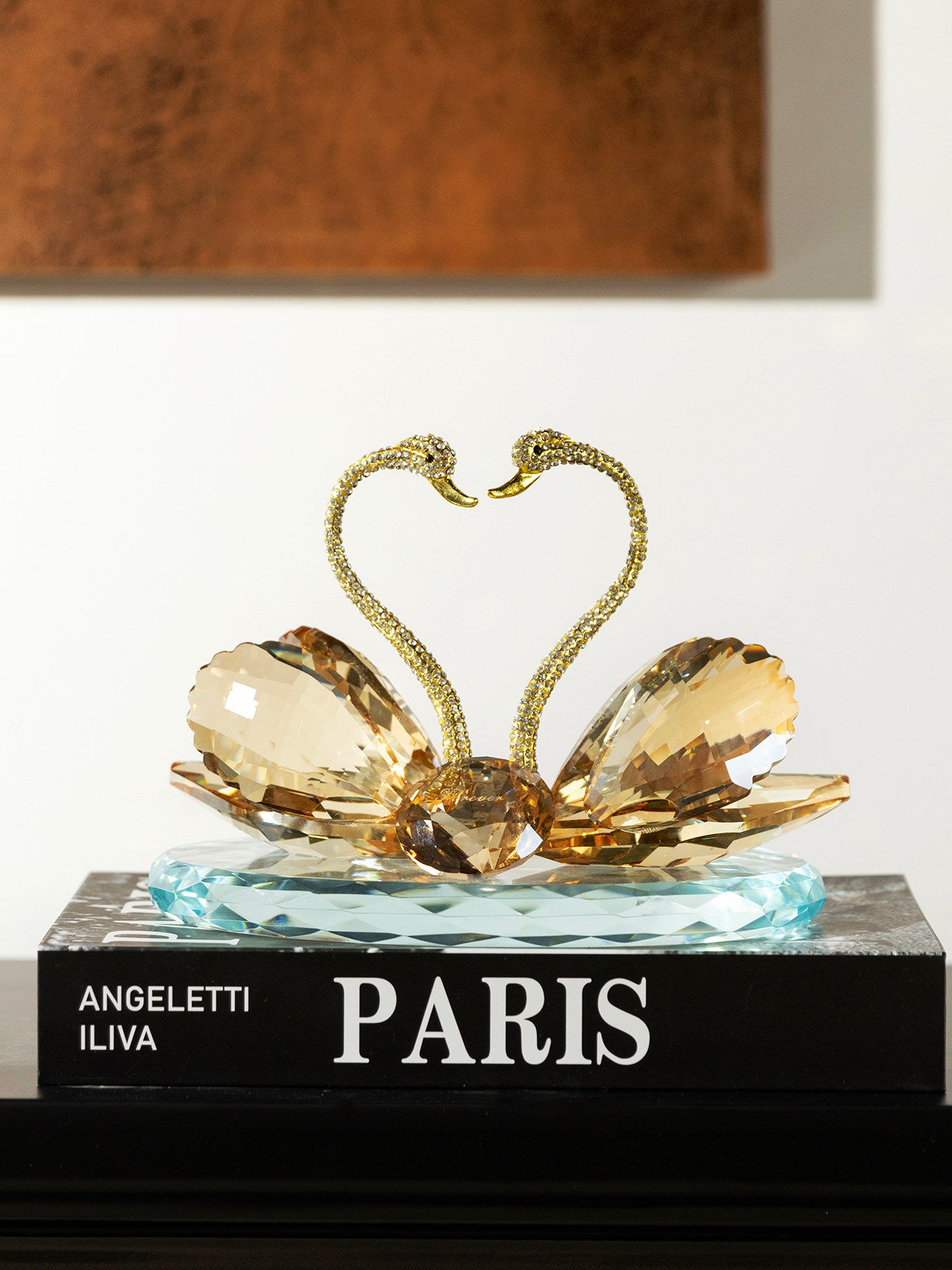 Champagne Crystal Swan Couple Figurine, Gold Heart Tabletop Sculpture