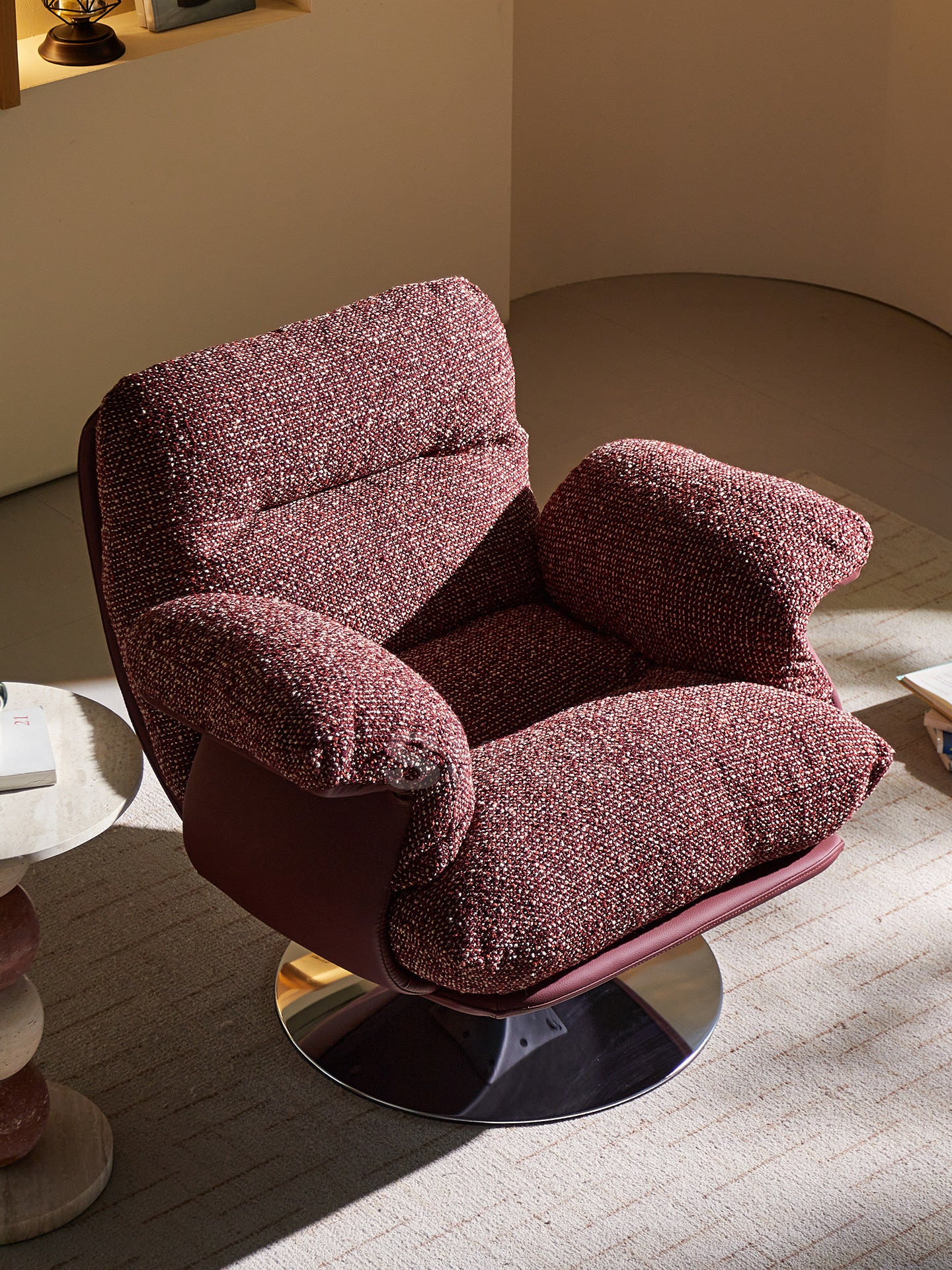 Burgundy Swivel Accent Chair, Upholstered Lounge Chair with Chrome Pedestal Base for Living Room, Bedroom, Reading Nook and Office