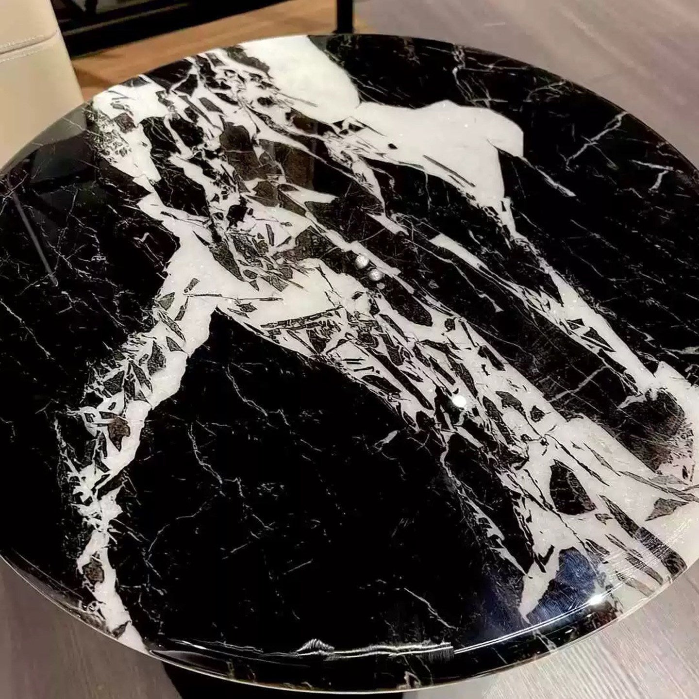 Napoleon Black Marble Round Side Table, Modern Accent Table with Stainless Steel Pedestal and Carbon Steel Base, Black Marble End Table for Living Room, Bedroom, Balcony
