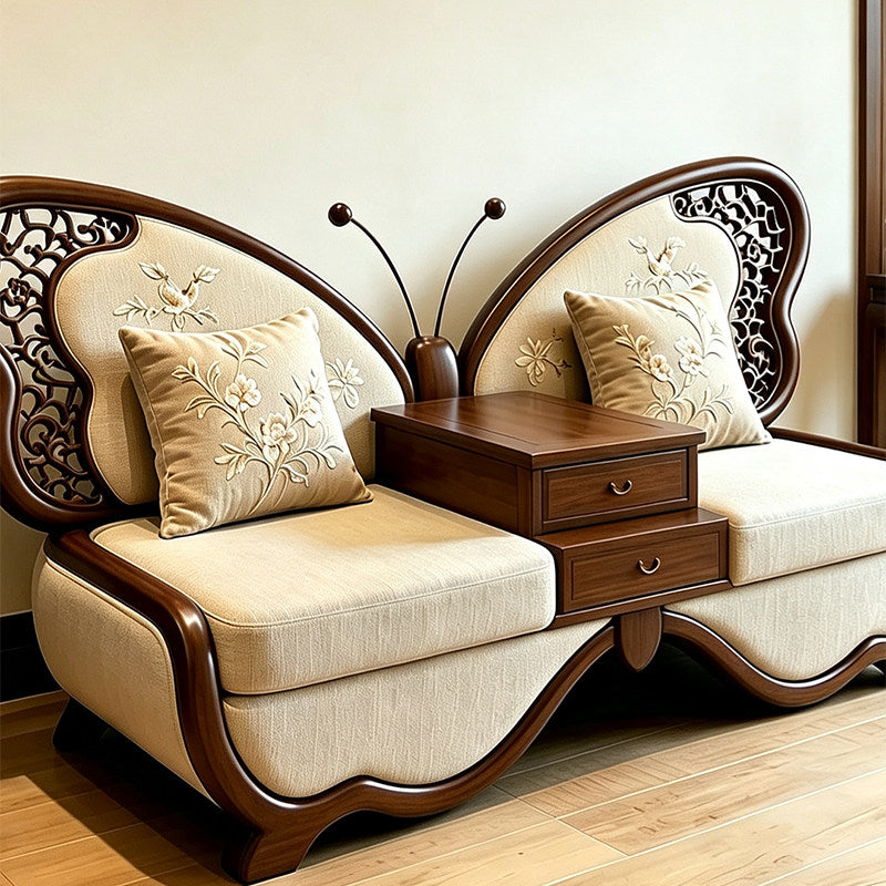 Ash Wood Butterfly Loveseat Sofa with Integrated Storage Table, Upholstered 2 Seat Accent Sofa for Living Room, Reception, Hotel Lounge & Office