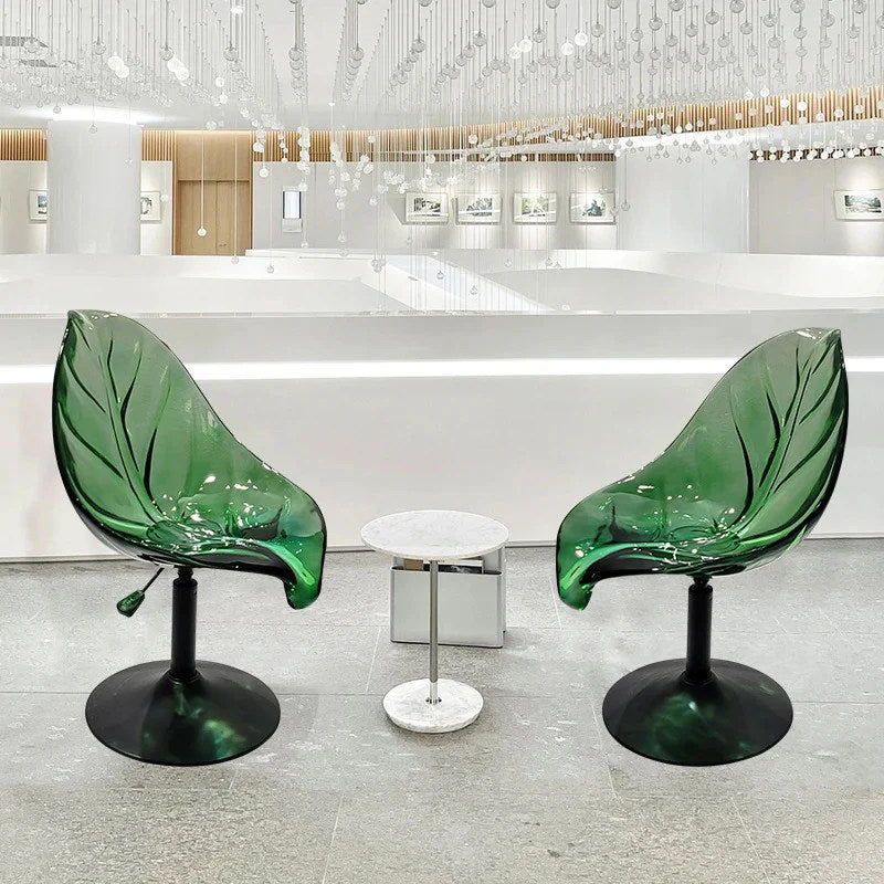 Transparent Green Resin Leaf Accent Chair, Adjustable-Height Sculptural Pedestal Seat with Botanical Vein Backrest for Living Room, Vanity, Hotel Lounge and Covered Patio