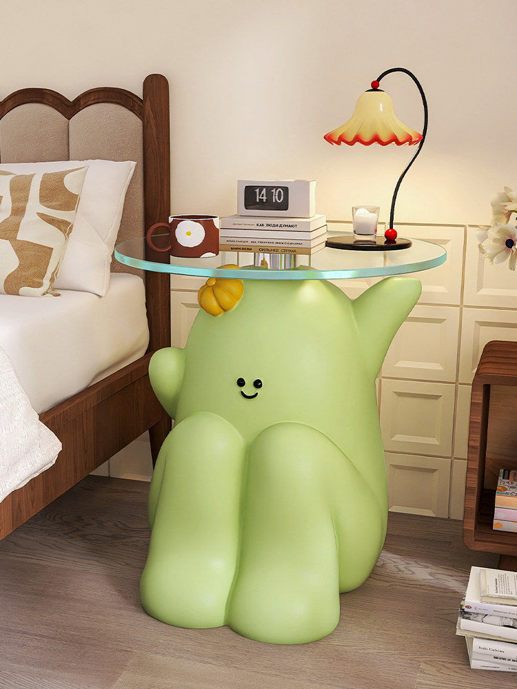Light Green Resin Cactus Side Table with Round Tempered Glass Top, Cute Smiling Character Accent End Table for Living Room, Bedroom, Nursery, Apartment and Small Spaces