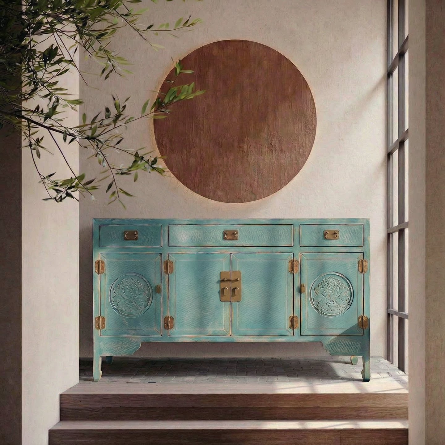 Distressed Blue 4-Door Sideboard with 3 Drawers, Vintage Storage Cabinet