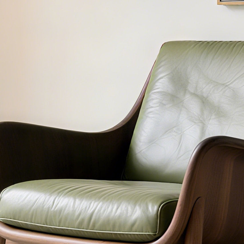 Black Walnut Wood Accent Chair with Olive Green Leather Cushion, Modern Lounge Armchair for Living Room, Bedroom, Reading Nook, Office and Hotel Reception