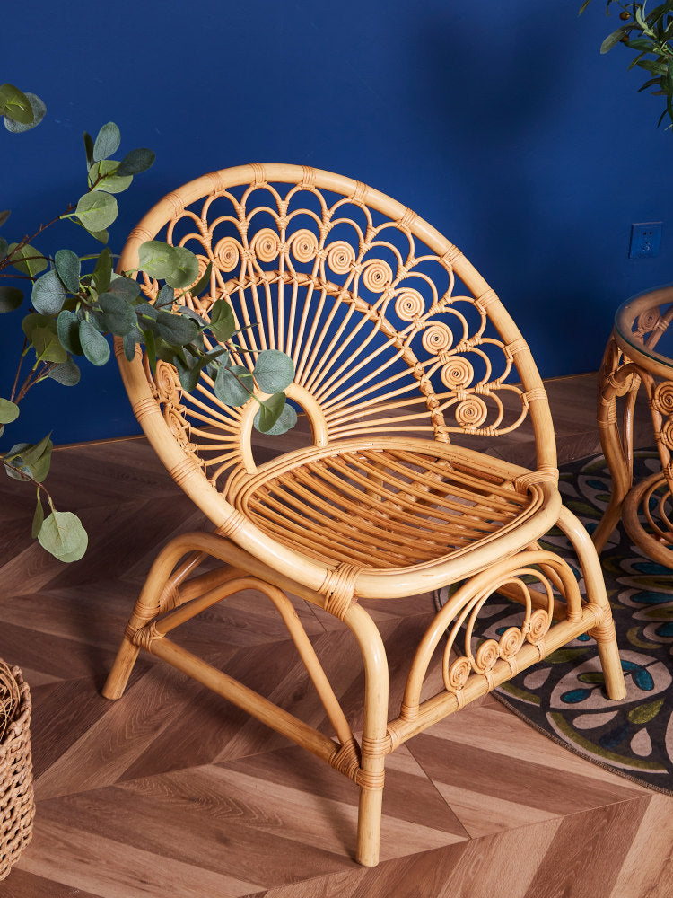 Natural Rattan Bistro Set, 3 Piece Indoor Balcony Furniture Set with 2 Handwoven Peacock Accent Chairs and Round Glass Top Side Table, Boho Wicker Conversation Set for Sunroom, Patio, Living Room and Tea Corner