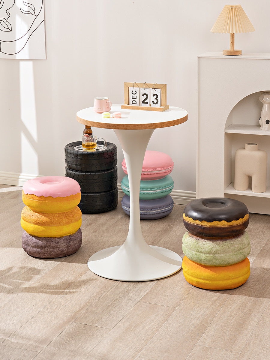 Macaron Shaped Resin Stool, Pastel Dessert Accent Seat, Decorative Side Table, Small Shoe Bench, Food Inspired Art Stool for Entryway, Bedroom, Living Room, Patio Decor