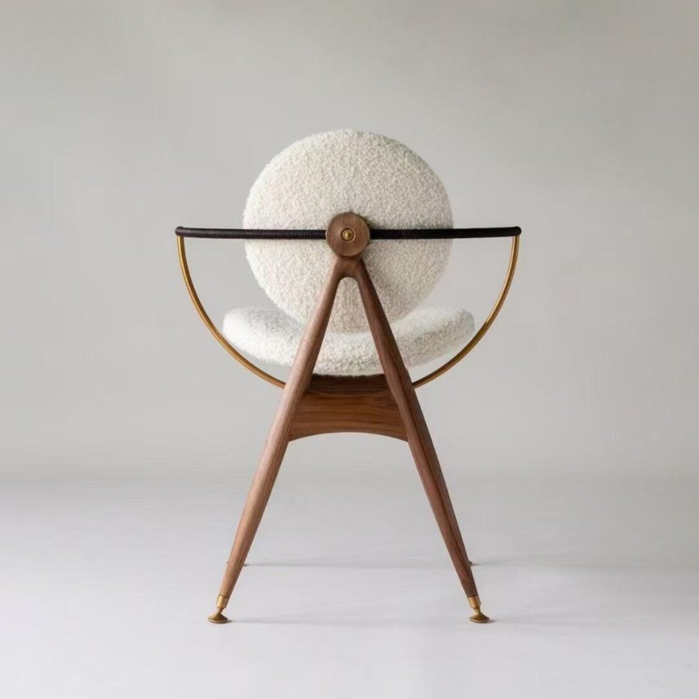 White Boucle Dining Chair with Wood Frame and Brass Tone Arms, Modern Sherpa Accent Chair for Dining Room, Living Room, Cafe, Bedroom, Reception Area and Home Office
