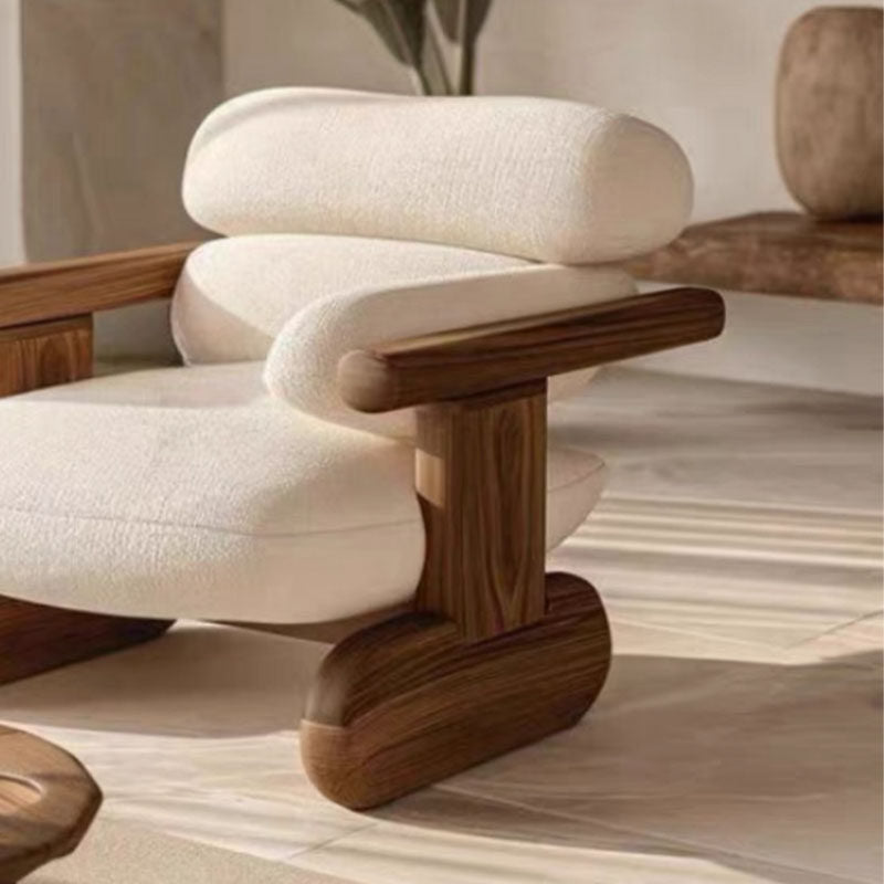 White Boucle Accent Chair with Solid Ash Wood Arms for Living Room