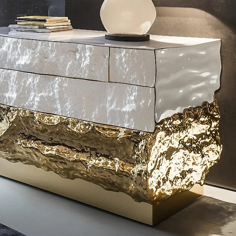 White and Gold Luxury Sideboard Cabinet, Modern Storage Credenza with Sculpted Stone-Look Front and Textured Gold Base, Buffet Cabinet for Dining Room, Living Room, Entryway, Hallway