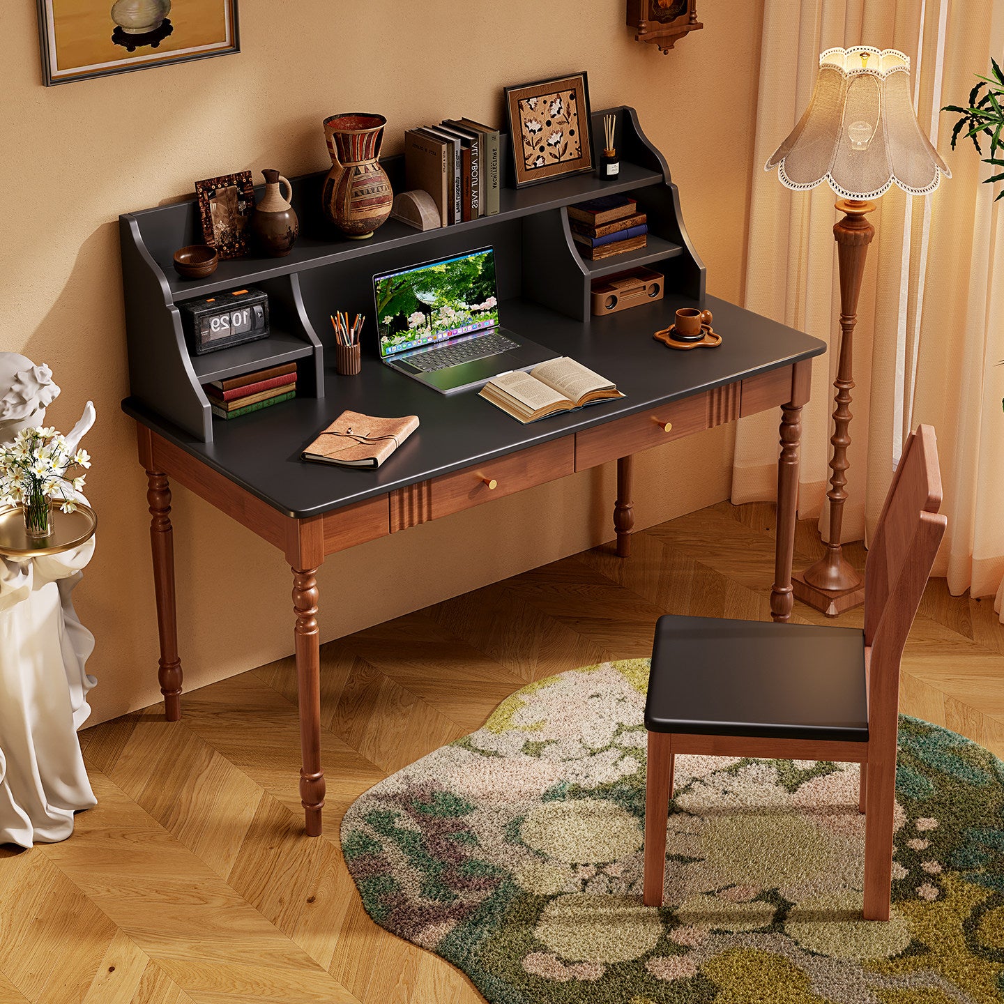 Walnut and Black Writing Desk with Hutch, Shelves and Two Drawers