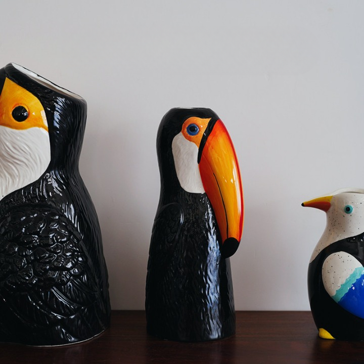 3 Piece Ceramic Bird Vase Set, Hand Painted Toucan Vase and Pitcher Decor