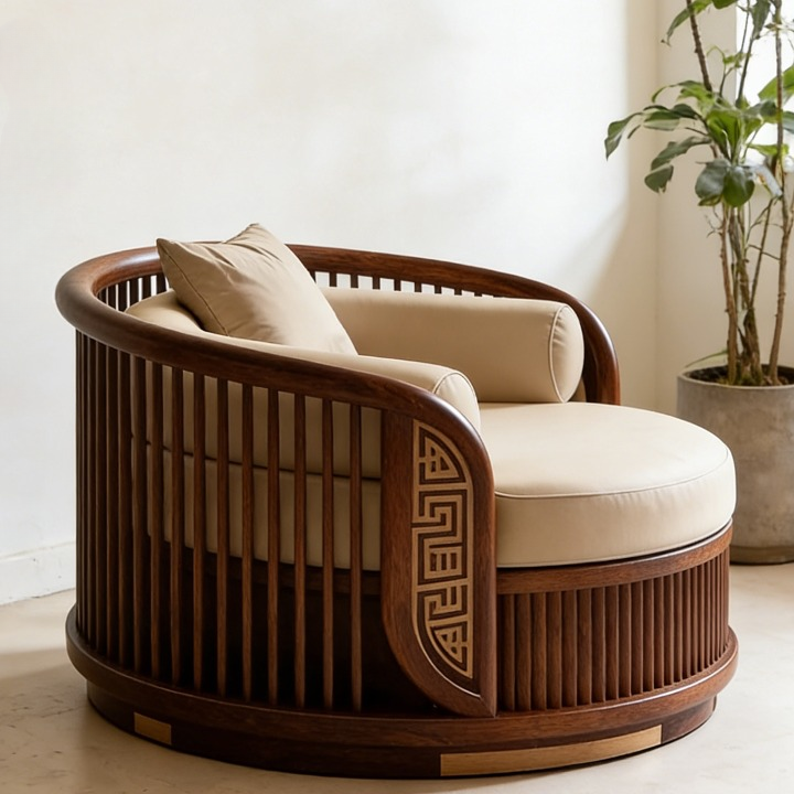 Ash Wood Barrel Accent Chair with Curved Wood Frame, Upholstered Lounge Chair with Lumbar Pillow, Modern Luxury Single Sofa Chair for Living Room, Bedroom, Office & Reception