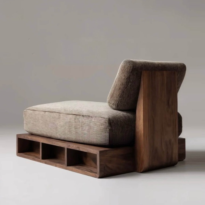 Walnut Brown Wood Storage Accent Chair with Beige Cushions for Reading