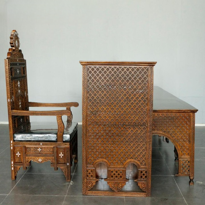 Carved Wood High Back Throne Chair with Inlay and Cushion