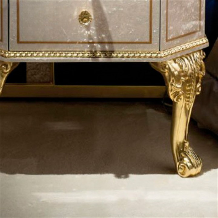 Ivory and Gold Solid Wood Nightstand, Decorative Shell Inlay 2-Drawer Bedside Cabinet with Ornate Carved Legs and Pearlized Top for Bedroom, Guest Room or Luxury Interior