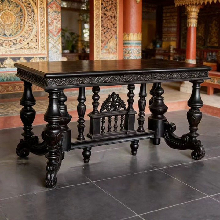 Hand-Carved Solid Elm Wood Dining Table, Rectangular Black Wood Table with Ornate Turned Legs and Decorative Stretcher Base for Dining Room, Study or Entryway
