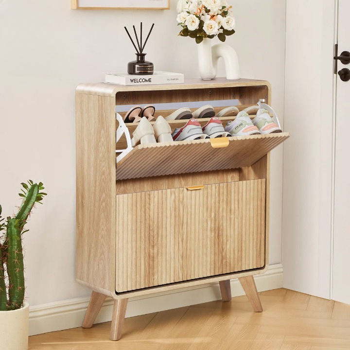 Natural Fluted Shoe Cabinet with 2 Flip Drawers for Entryway
