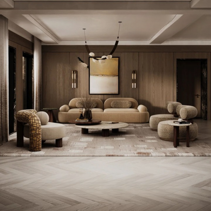 Beige Linen Sculptural Curved Back Accent Chair for Living Room