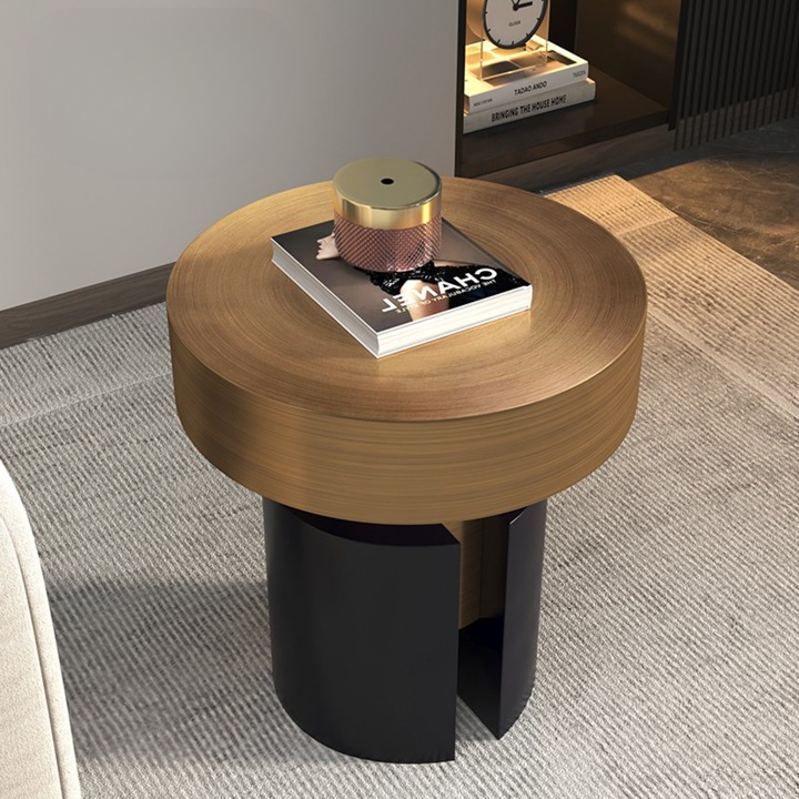 Round Stainless Steel Side Table, Brushed Antique Bronze Accent Table with Black Cylinder Base, Modern Metal End Table for Living Room, Sofa Side, Bedroom, Lounge