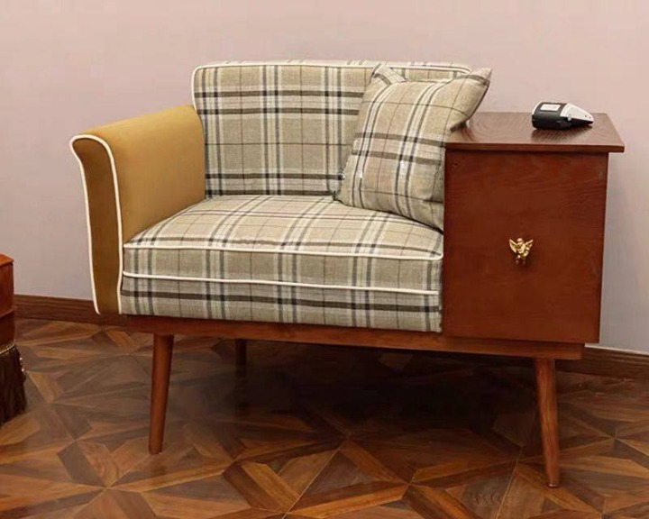 Plaid Wood Telephone Bench with Side Table and Storage Cabinet