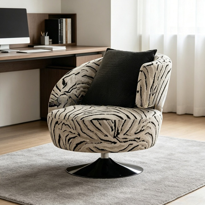 Zebra Print Swivel Barrel Accent Chair with Black Pillow, Upholstered Round Lounge Chair for Living Room, Bedroom, Reading Corner, Office, Balcony and Modern Home Decor