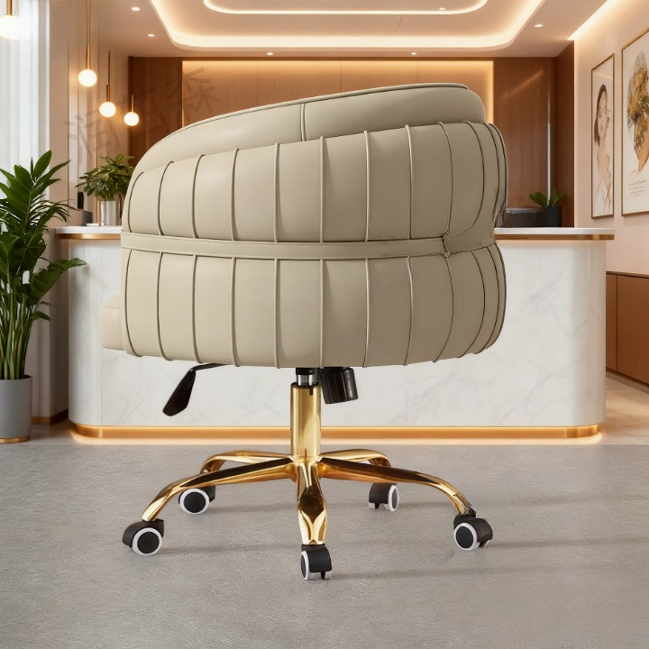 Cream White Upholstered Swivel Desk Chair, Height-Adjustable Vanity Chair with Wraparound Back, Fixed Padded Arms and Electroplated Five-Star Metal Base for Bedroom, Home Office and Study