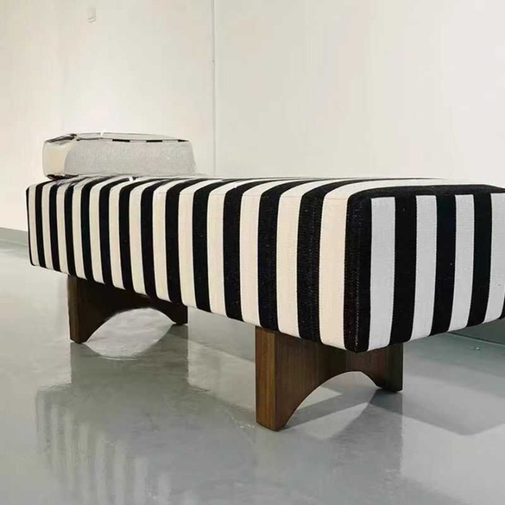 Black and Cream Striped Upholstered Bench with Wood Legs