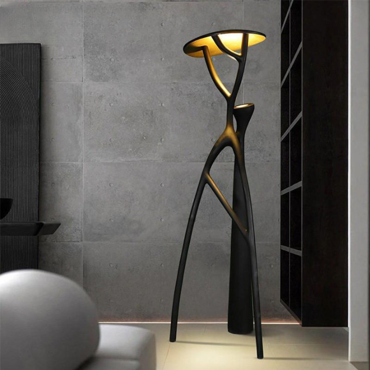 Modern Sculptural LED Floor Lamp, Tree Branch Standing Light with Integrated Warm Glow, Matte Black Fiberglass Body for Living Room, Hotel Lobby, Lounge or Showroom