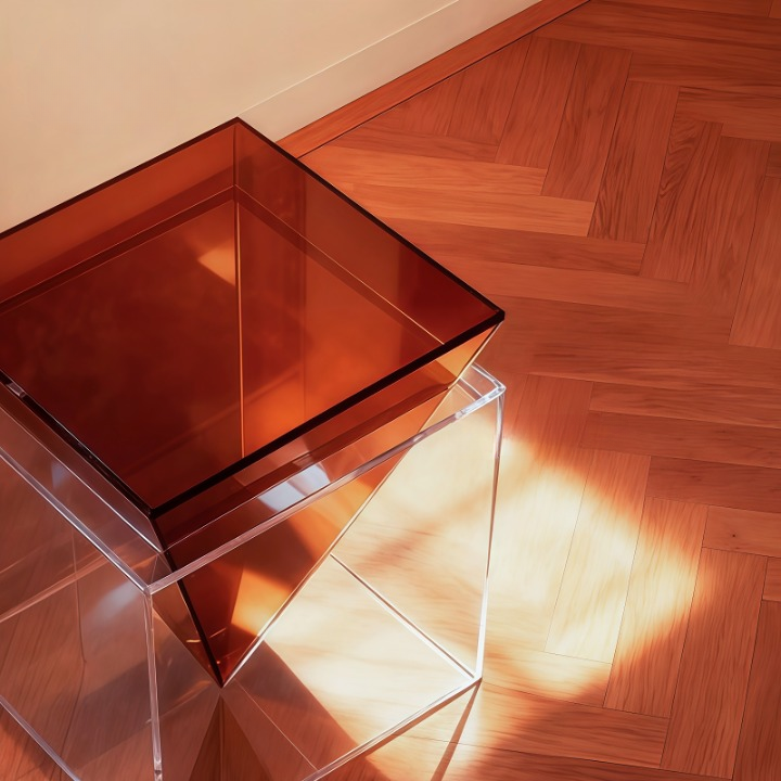 Amber Acrylic Side Table with Clear Cube Base for Living Room Display
