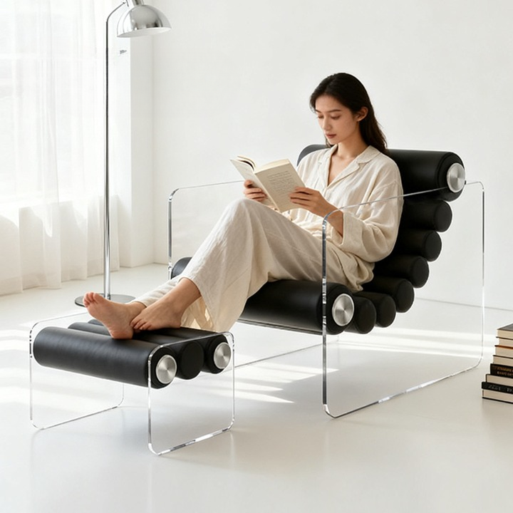 Acrylic Chaise Lounge Chair, Black Upholstered Modern Recliner Chair for Living Room